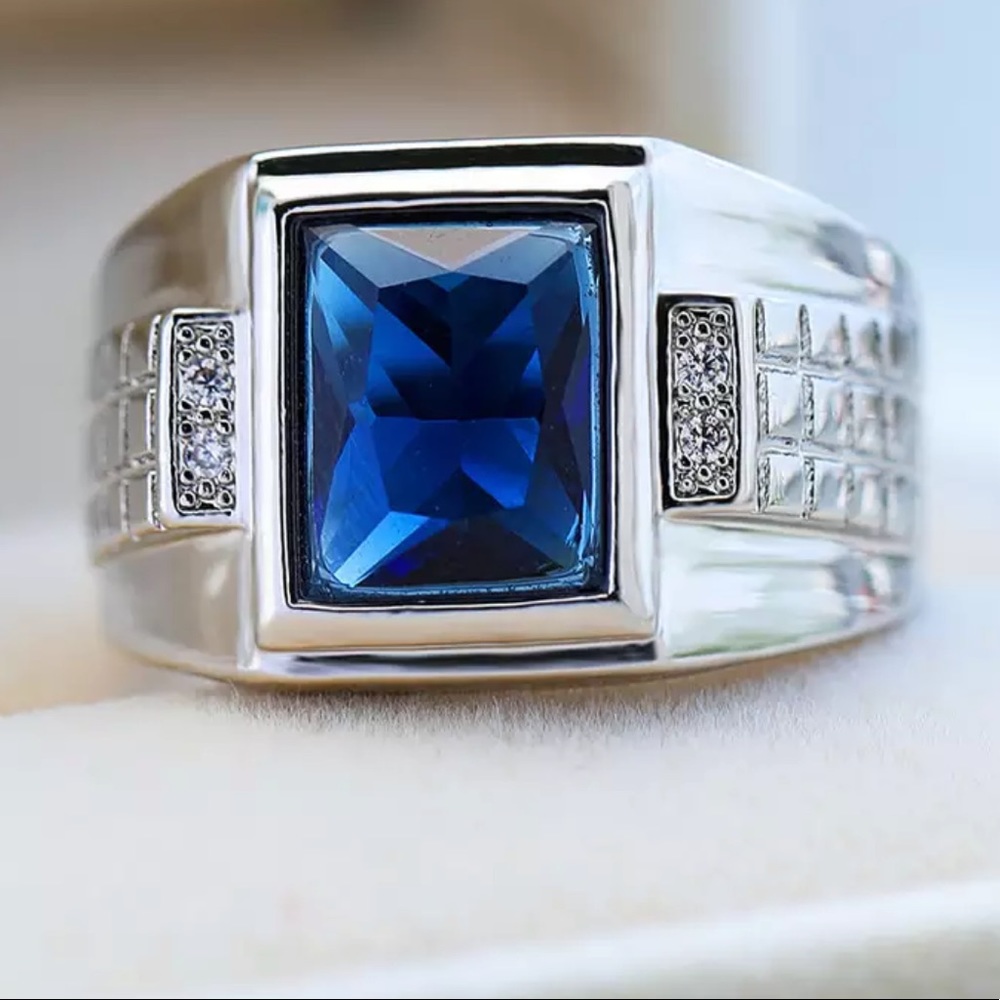 NEW* silver blue gemstone cuban Ring - Picture 1 of 3